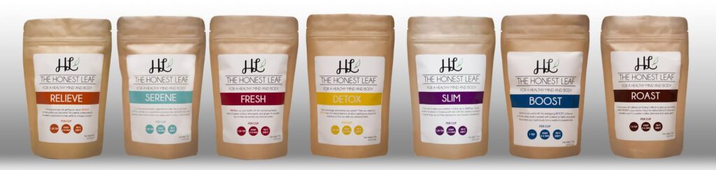 Loose-leaf tea by the Honest Leaf tea company is lined up showcasing 7 different blends available to order - Relieve, Serene, Fresh, Detox, Slim, Boost, Roast. 