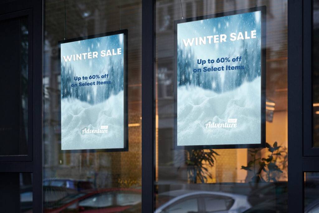 Eye-catching winter sale poster with bold colors and designs, promoting winter sales.