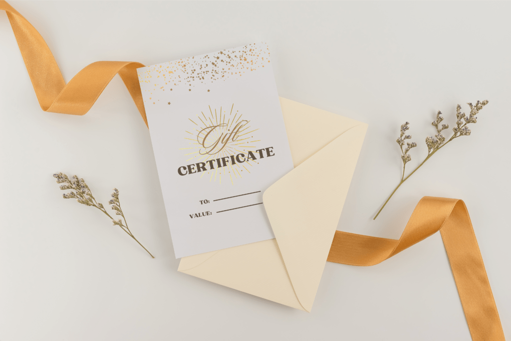 Gift certificate with gold foil finishes.